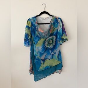 90s Y2K Blue Green Multi Boho Fairy Resort Chic Flutter Flowy Blouse Women’s Med